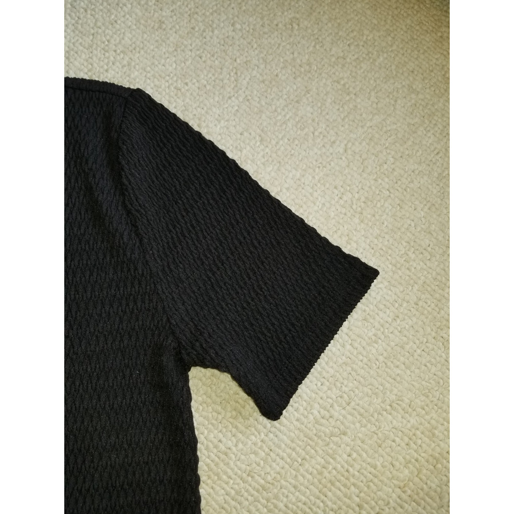 NWT Womens Top-ANN TAYLOR LOFT-black stretch "Smocked Ruffle Hem" shirt ss-L - Picture 2 of 6